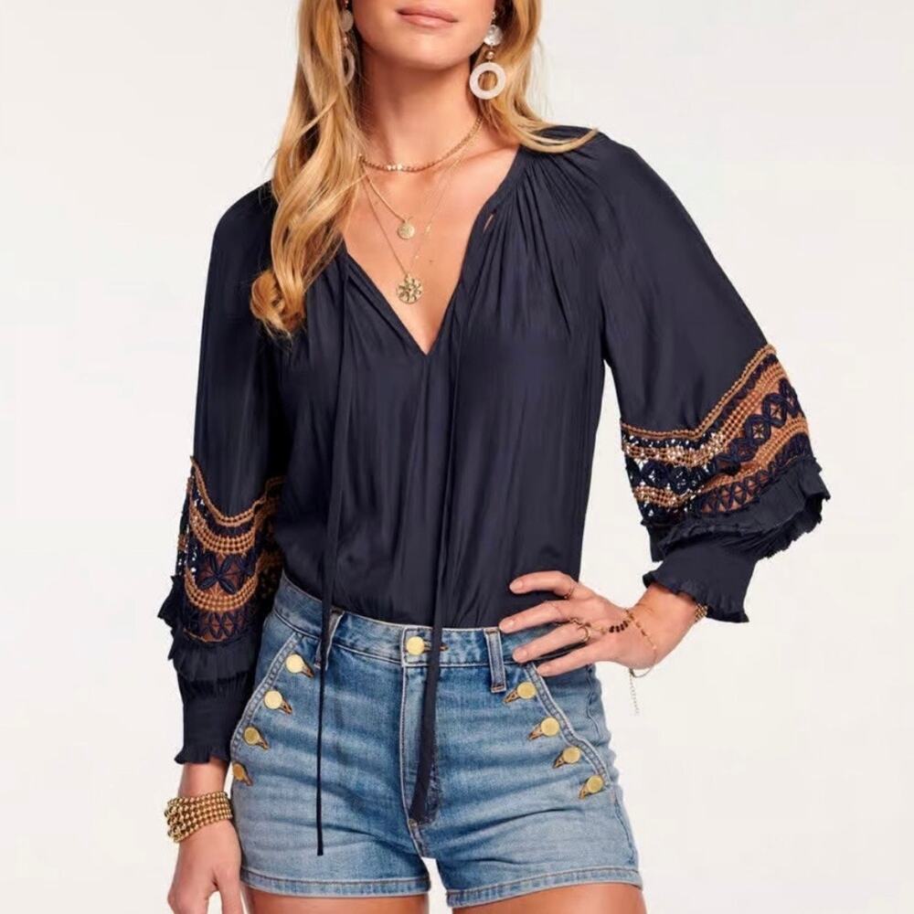 Ramy Brook Navy Embellished Randi Embroidered Top Boho sz Small